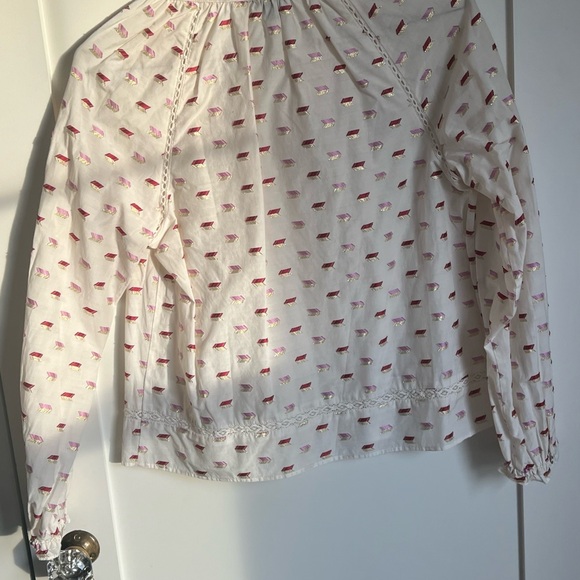 🛍️J.Crew Point Sur Metallic Embroidered Arrow Popover Blouse M pink/red/gold - Picture 9 of 9